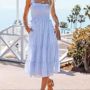 VICI CATHERINE COTTON SMOCKED STRIPED MIDI DRESS